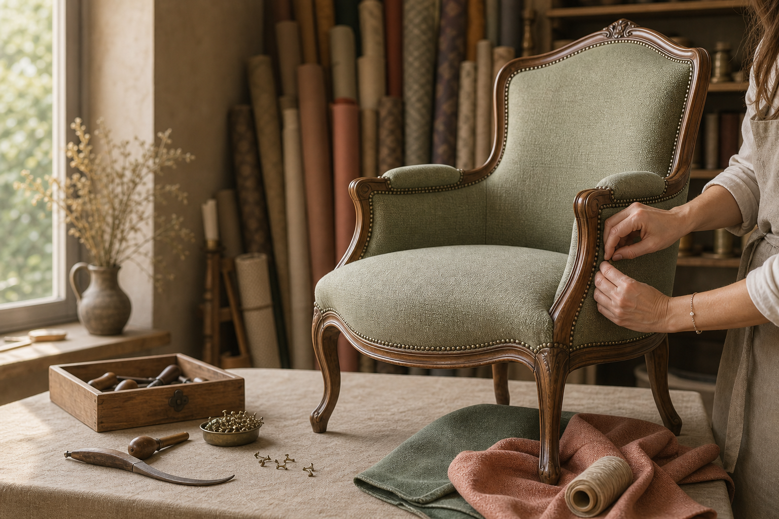 Atelier de tapisserie d'ameublement a Marseille avec fauteuil restaure, tissus et outils artisanaux